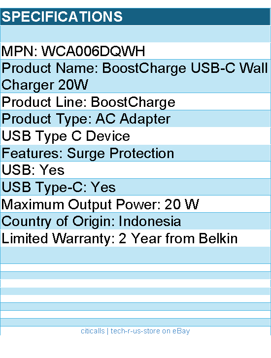 Belkin WCA006dqWH BoostCharge USB-C Wall Charger 20W - Power Adapter
