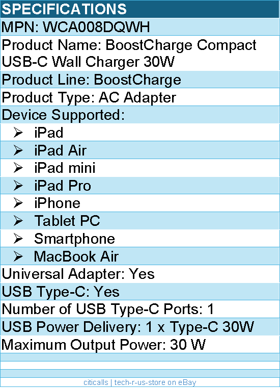 Belkin WCA008DQWH 30W Portable USB-C Wall Charger - 1xUSB-C (30W) - Fast Charge