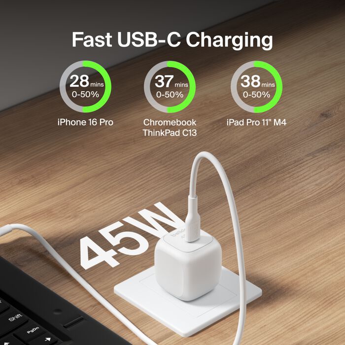 Belkin WCA013DQWH 45W Portable USB-C Wall Charger - 1xUSB-C (45W) - Fast Charge