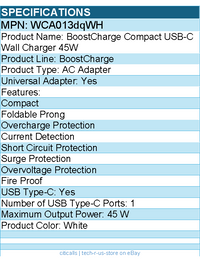 Belkin WCA013dqWH 45W Portable USB-C Wall Charger - 1xUSB-C (45W) - Fast Charge