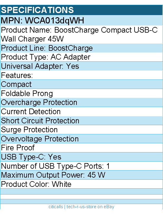 Belkin WCA013dqWH 45W Portable USB-C Wall Charger - 1xUSB-C (45W) - Fast Charge