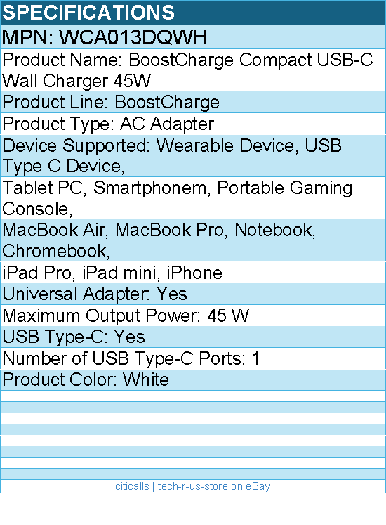 Belkin WCA013DQWH 45W Portable USB-C Wall Charger - 1xUSB-C (45W) - Fast Charge