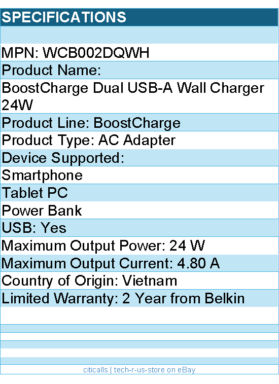 Belkin WCB002dqWH BoostCharge Dual USB-A Wall Charger 24W - 4.80 A Output
