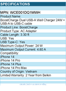Belkin WCE001dq1MWH BoostCharge Dual USB-A Wall Charger 24W