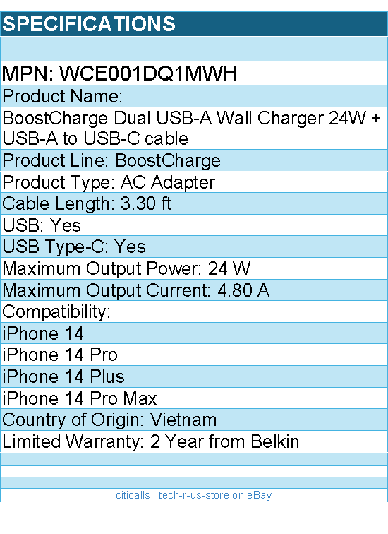 Belkin WCE001dq1MWH BoostCharge Dual USB-A Wall Charger 24W