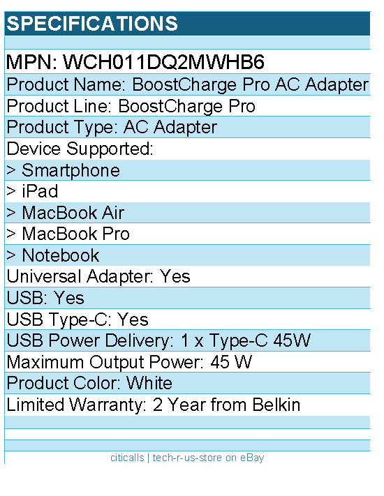 Belkin WCH011DQ2MWHB6 45W Portable Dual Port GaN Wall Charger - 2xUSB-C