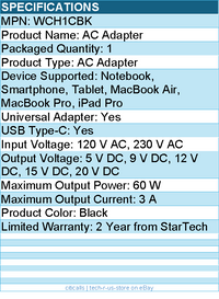StarTech WCH1CBK USB C Wall Charger, 60W PD with 6ft/2m Cable