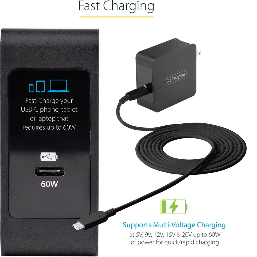 StarTech WCH1CBK USB C Wall Charger, 60W PD with 6ft/2m Cable