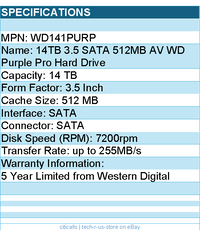 Western Digital WD141PURP Hard Drive - 14TB 3.5 SATA 512MB AV WD Purple Pro