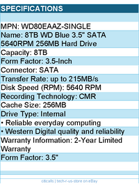 Western Digital WD80EAAZ-Single Hard Drive - 8TB WD Blue 3.5 SATA 5640RPM