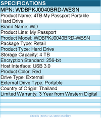 WD WDBPKJ0040BRD-WESN My Passport 4 TB Portable Hard Drive - External - Red