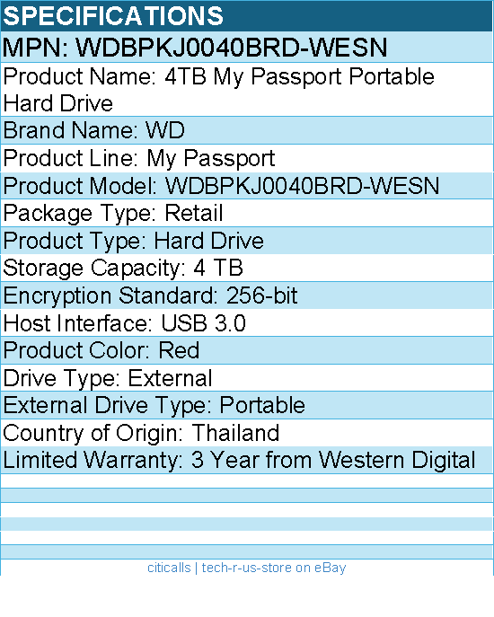 WD WDBPKJ0040BRD-WESN My Passport 4 TB Portable Hard Drive - External - Red