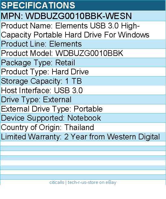 WD WDBUZG0010BBK-WESN 1 TB Elements USB 3.0 High-Capacity Portable Hard Drive