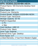 WD WDBWLG0200HBK-NESN Elements 20 TB Desktop Hard Drive - 3.5" External