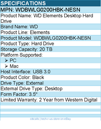 WD WDBWLG0200HBK-NESN Elements 20 TB Desktop Hard Drive - 3.5" External