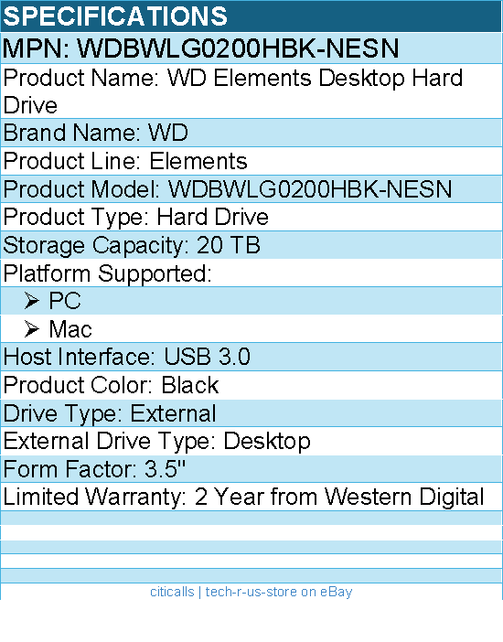 WD WDBWLG0200HBK-NESN Elements 20 TB Desktop Hard Drive - 3.5" External