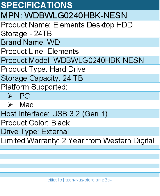 WD WDBWLG0240HBK-NESN Elements 24 TB Desktop Hard Drive - External - Black