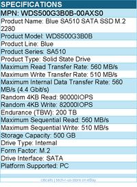 WD WDS500G3B0B-00AXS0 Blue SA510 500 GB Solid State Drive - M.2 Internal