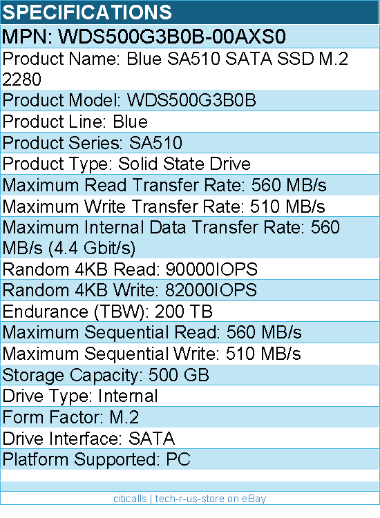 WD WDS500G3B0B-00AXS0 Blue SA510 500 GB Solid State Drive - M.2 Internal