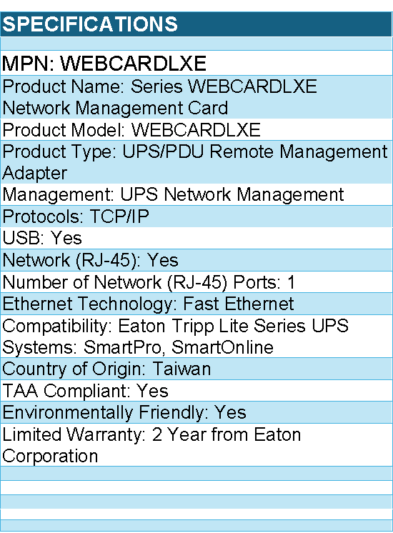 Eaton Tripp Lite Series WEBCARDLXE Network Management Card for Select UPS System