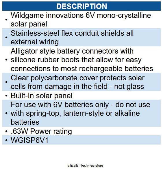 Wildgame Innovations WGI-SP-6V1 6 Volt Solar Panel WGISO0010