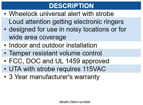 Wheelock WH-UTA-VPS Wheelock Univer.Alert W/Strobe