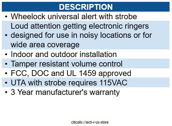 Wheelock WH-UTA-VPS Wheelock Univer.Alert W/Strobe