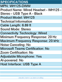 Dell WH125-DWW Wired Headset - WH125 - Stereo - USB Type A - Black