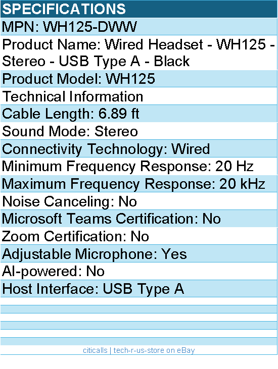 Dell WH125-DWW Wired Headset - WH125 - Stereo - USB Type A - Black