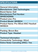 Dell WH5024DWW Pro Wired ANC Headset - WH5024 - USB-C Audio Connection