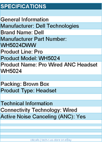 Dell WH5024DWW Pro Wired ANC Headset - WH5024 - USB-C Audio Connection