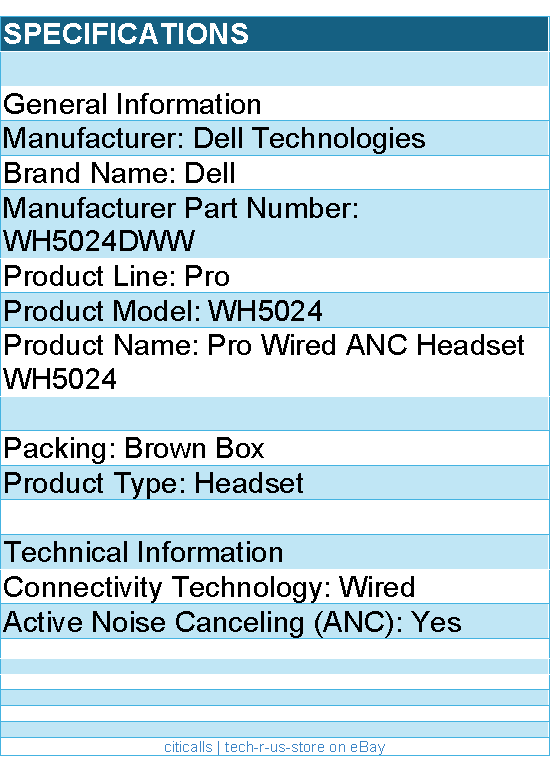 Dell WH5024DWW Pro Wired ANC Headset - WH5024 - USB-C Audio Connection