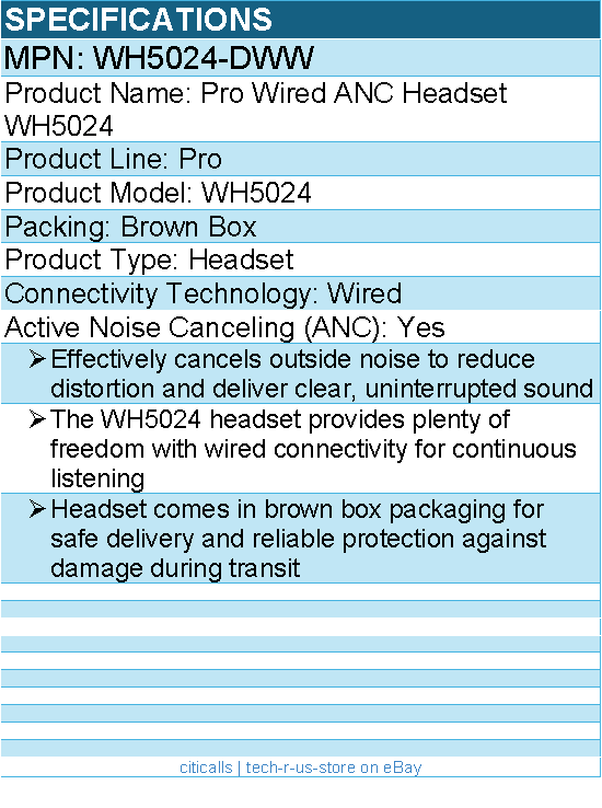Dell WH5024-DWW Pro Wired ANC Headset WH5024 - Active Noise Canceling (ANC)