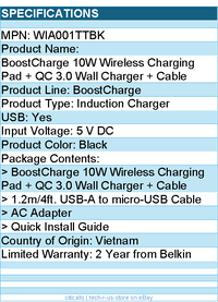 Belkin WIA001TTBK BoostCharge 10W Wireless Charging Pad + QC 3.0 Wall Charger