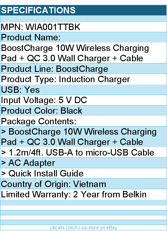 Belkin WIA001TTBK BoostCharge 10W Wireless Charging Pad + QC 3.0 Wall Charger