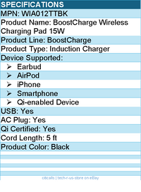 Belkin WIA012TTBK 15W Qi Wireless Charging Pad for Smartphones - USB-C Cable