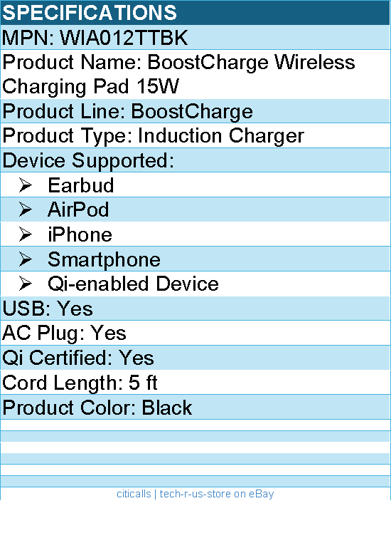 Belkin WIA012TTBK 15W Qi Wireless Charging Pad for Smartphones - USB-C Cable