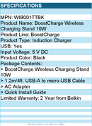 Belkin WIB001ttBK BoostCharge Wireless Charging Stand 10W - 5 V DC Input