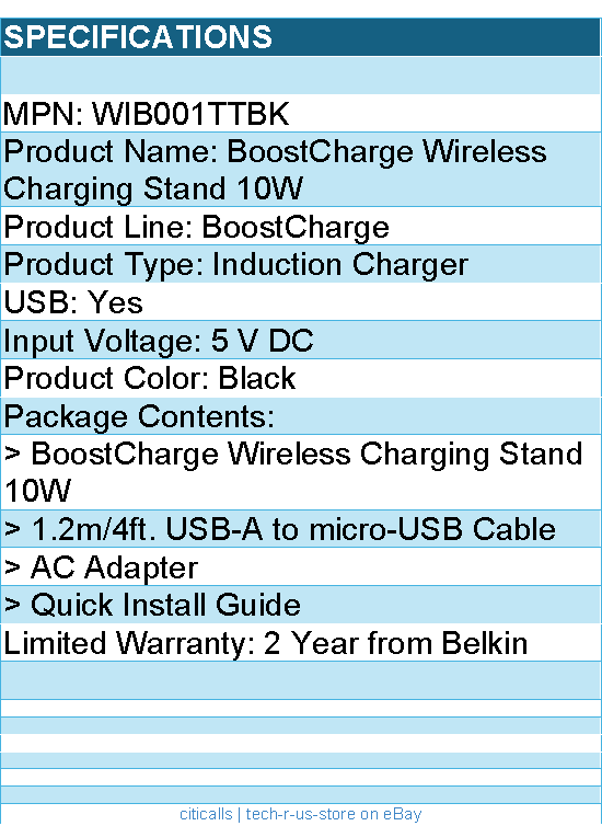 Belkin WIB001ttBK BoostCharge Wireless Charging Stand 10W - 5 V DC Input