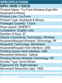 Adesso WKB-1150CB Tru-Form Wireless Ergo Mini Keyboard & Mouse - Wireless - RF