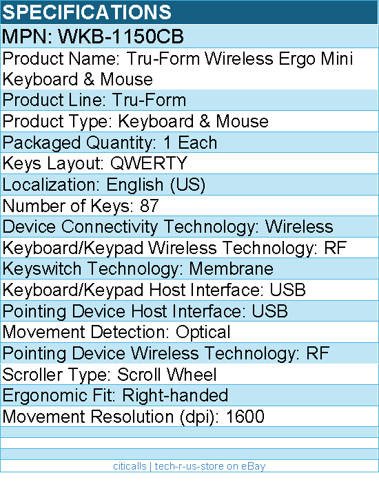 Adesso WKB-1150CB Tru-Form Wireless Ergo Mini Keyboard & Mouse - Wireless - RF