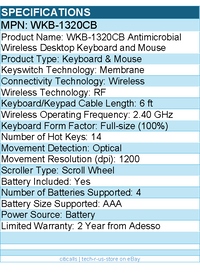Adesso WKB-1320CB Antimicrobial Wireless Desktop Keyboard and Mouse