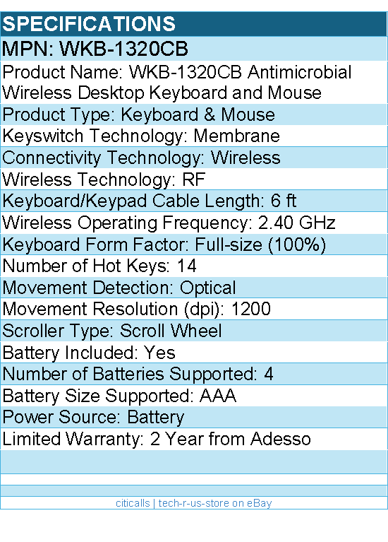 Adesso WKB-1320CB Antimicrobial Wireless Desktop Keyboard and Mouse