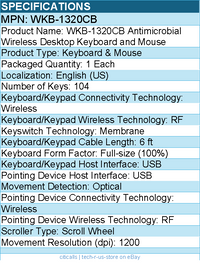Adesso WKB-1320CB Antimicrobial Wireless Desktop Keyboard and Mouse - Black
