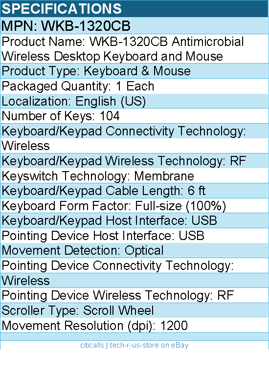 Adesso WKB-1320CB Antimicrobial Wireless Desktop Keyboard and Mouse - Black