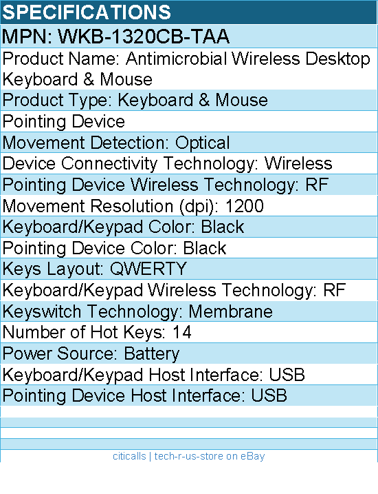 Adesso WKB-1320CB-TAA Antimicrobial Wireless Desktop Keyboard & Mouse