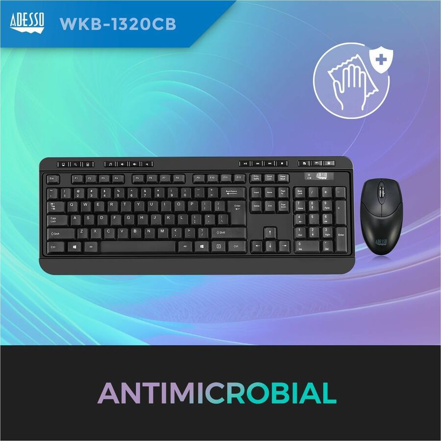 Adesso WKB-1320CB Antimicrobial Wireless Desktop Keyboard and Mouse