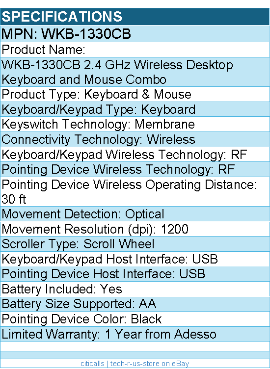 Adesso WKB-1330CB 2.4 GHz Wireless Desktop Keyboard and Mouse Combo