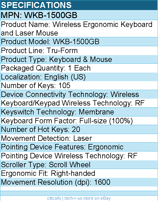 Adesso WKB-1500GB Wireless Ergonomic Keyboard and Laser Mouse - Black