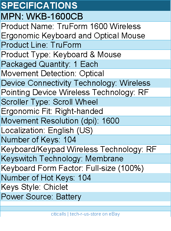 Adesso WKB-1600CB TruForm 1600 Wireless Ergonomic Keyboard and Optical Mouse